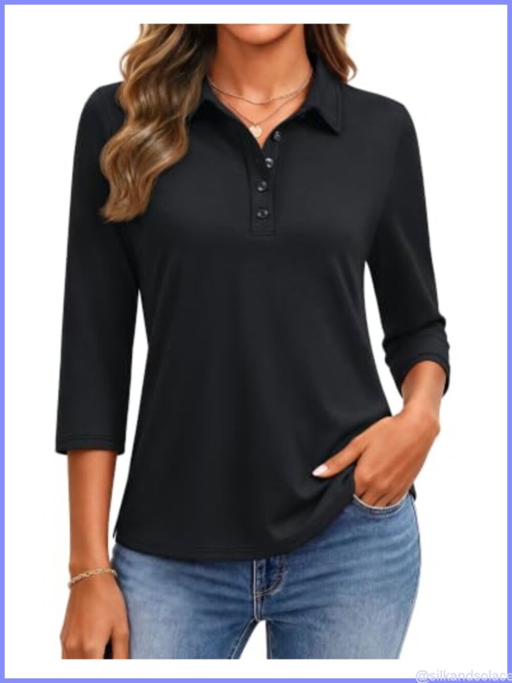 Womens 3/4 Sleeve Polo Shirt Golf Top 5-Button Collared Work Casual Tee